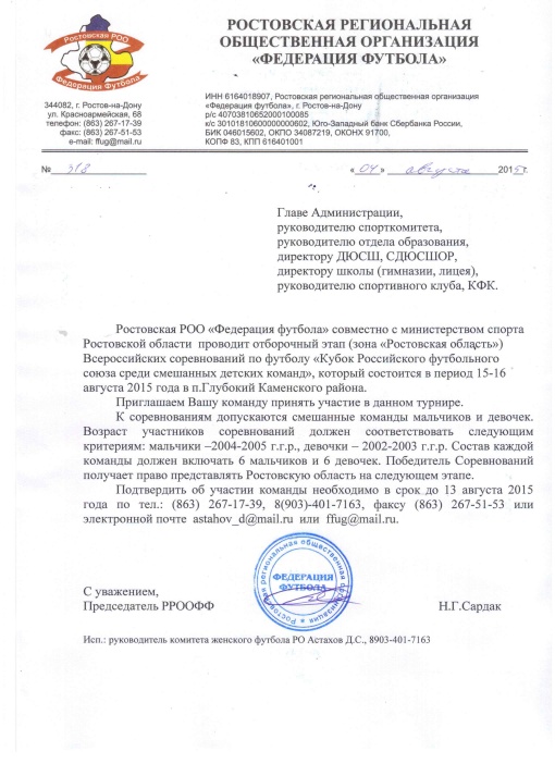 Вызов на «Кубок Российского футбольного союза среди детских смешанных команд»